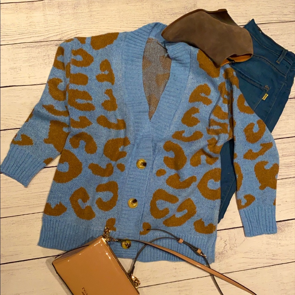 RACEY” Blue Leopard V-neck Sweater